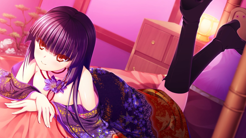 16:9 1girl asami_asami bare_shoulders black_hair boots breasts chest_of_drawers game_cg japanese_clothes long_hair looking_at_viewer lying no_bra on_stomach re:birth_colony red_eyes rindou_airi smile solo