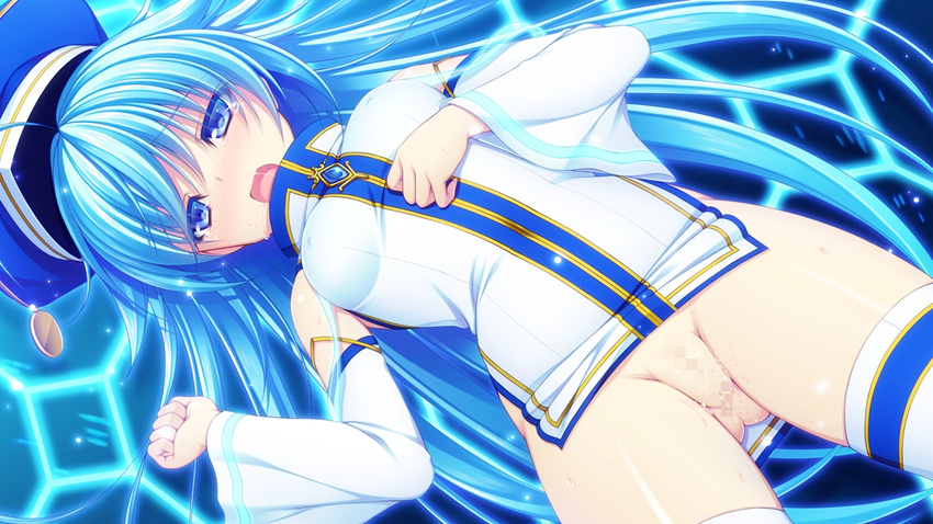 16:9 1girl applique_(company) asami_asami azurite blue_eyes blue_hair blush censored game_cg hat long_hair pussy re:birth_colony thighhighs