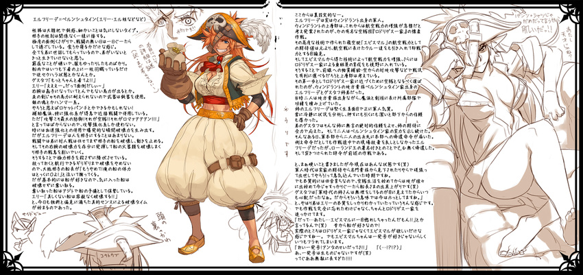 azusa_(hws) blue_eyes breasts character_sheet cleavage closed_eyes dark_skin elfriede_bernstein eyebrows fang full_body gloves grin hair_over_one_eye hat highres large_breasts long_hair midriff navel orange_hair pirate pirate_hat pixiv_fantasia pixiv_fantasia_3 pointy_ears smile