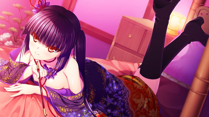 16:9 1girl asami_asami bare_shoulders black_hair boots breasts chest_of_drawers game_cg japanese_clothes long_hair looking_at_viewer lying no_bra on_stomach re:birth_colony red_eyes rindou_airi side_ponytail smile solo