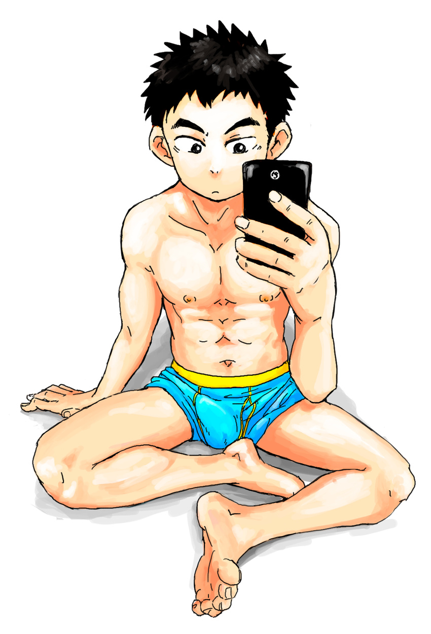 1boy abs black_eyes black_hair briefs bulge cellphone child eyebrows feet highres makimakikeita male male_focus muscle nipples no_pants original phone selfie simple_background sitting solo spiked_hair spiky_hair taking_picture teenage thick_eyebrows topless underwear