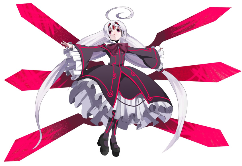 ahoge bad_id bad_pixiv_id black_legwear bow dress expressionless forehead_jewel frilled_dress frills full_body hair_ornament hair_tubes huge_ahoge jerun long_hair neon_trim outstretched_arms pantyhose platform_footwear red_eyes twintails under_night_in-birth vatista very_long_hair white_hair wide_sleeves wings