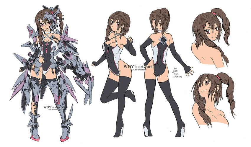 arched_back armlet armor armored_boots armpits ass ass_visible_through_thighs asymmetrical_armor back bangs bare_shoulders barrette black_footwear black_gloves black_legwear bodysuit boots breasts brown_hair calf casual_one-piece_swimsuit character_sheet choker cleavage clenched_hand clenched_hands closed_mouth collarbone commentary concept_art contrapposto covered_navel criss-cross_halter dated digital_dissolve drill_hair elbow_gloves elbow_pads expressionless faulds fingerless_gloves from_above from_behind from_below full_body gatling_gun gauntlets gloves greaves groin gun hair_between_eyes hair_ornament hair_over_shoulder hairclip hairpin halter_top halterneck hand_on_hip hand_up head_tilt headdress headgear headset high_heel_boots high_heels highleg highleg_leotard highleg_swimsuit hips holding holding_weapon jewelry knee_pads kneepits leaning leg_armor leg_lift leg_up legs_apart leotard light_smile long_hair looking_at_viewer looking_away looking_back looking_up mecha_musume medium_breasts multiple_views nape one-piece_swimsuit one_side_up original outstretched_arm pigeon-toed ponytail red_eyes ringlets rubber_band shoes short_hair_with_long_locks side_ponytail sideboob sidelocks sideways_glance simple_background single_gauntlet skin_tight smile spread_fingers standing standing_on_one_leg swimsuit thigh_boots thighhighs topless torn_boots torn_clothes torn_legwear torn_leotard torn_swimsuit tsurime turnaround twin_drills two-tone_swimsuit upper_body watermark weapon web_address white_background white_choker widyo_adiputra