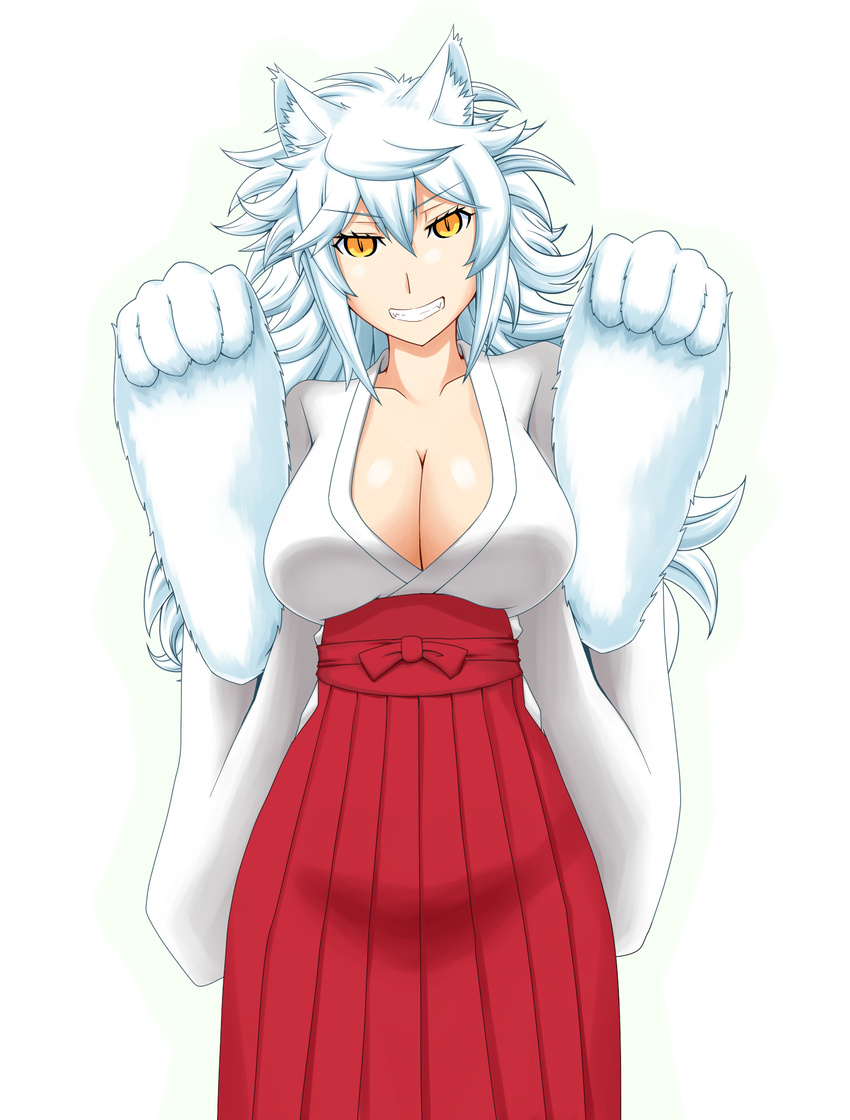 1girl animal_ears breasts cleavage goriate grin highres large_breasts long_hair looking_at_viewer naqua-den oogami_ginko paws slit_pupils smile solo white_hair yellow_eyes