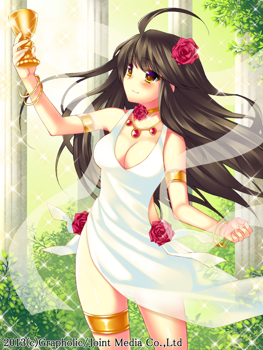 ahoge akashi_(akashimichi) blush bracelet breasts brown_hair cleavage cup dress flower hair_flower hair_ornament highres jewelry long_hair medium_breasts necklace original priget_plus smile solo yellow_eyes