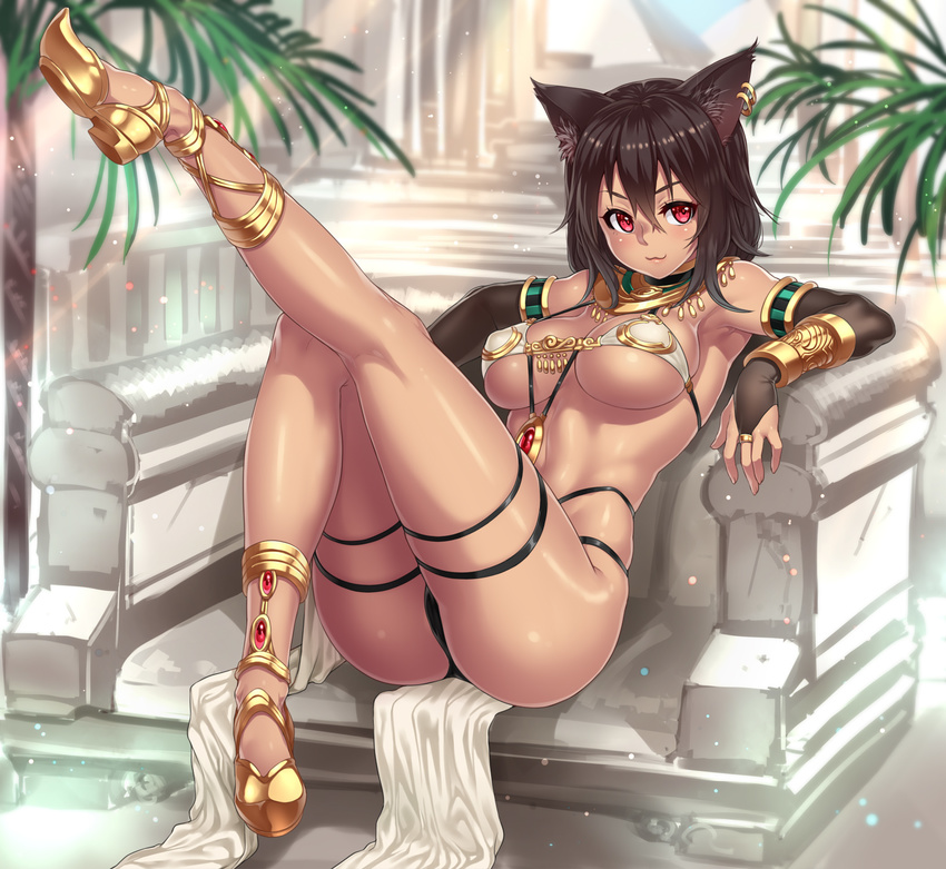:3 animal_ears armlet armpits bare_shoulders bastet_(houtengeki) bikini black_hair blush body_jewelry bracelet bracer breasts bridal_gauntlets cat_ears dark_skin earrings egyptian egyptian_mythology elbow_gloves gloves gold_trim highres houtengeki jewelry kneepits large_breasts leg_up legs looking_at_viewer necklace original pelvic_curtain red_eyes revealing_clothes sitting smile solo swimsuit tan thick_thighs thigh_strap thighs underboob usekh_collar