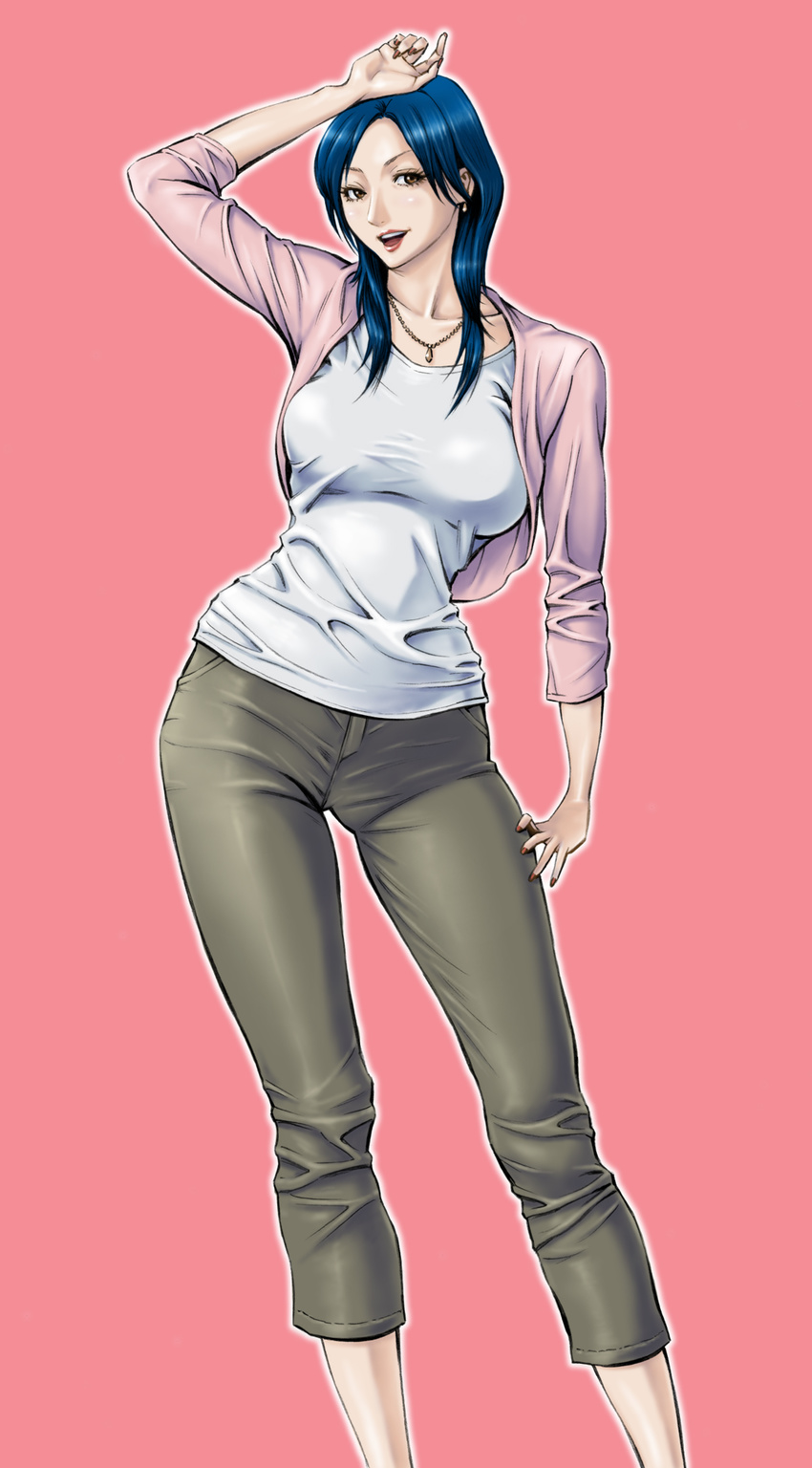 black_hair breasts brown_eyes capri_pants cardigan contrapposto daigo earrings highres jewelry large_breasts lipstick long_hair makeup mature nail_polish necklace non-web_source open_cardigan open_clothes open_mouth original pants shirt simple_background slender_waist smile solo standing taut_clothes taut_shirt