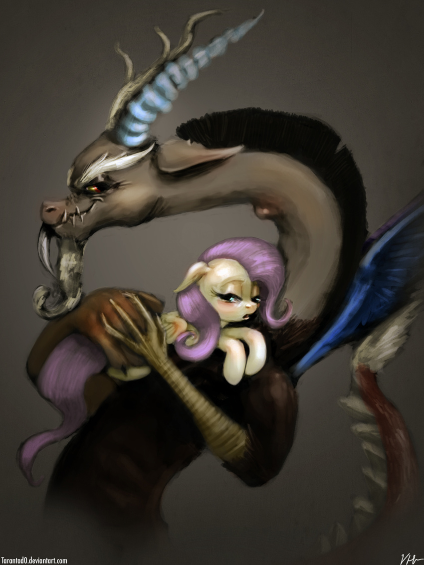 antler discord_(mlp) draconequus duo english_text equine fangs female feral fluttershy_(mlp) friendship_is_magic fur green_eyes grin hair horn horse long_hair looking_back male mammal my_little_pony pegasus pink_fur pink_hair pony red_eyes sharp_teeth smile tarantad0 teeth text wings yellow_fur