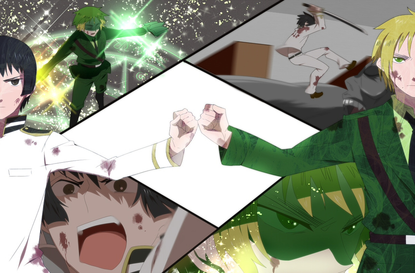 axis_powers_hetalia bad_id bad_pixiv_id bangs belt black_eyes black_hair blonde_hair blood bloody_clothes book casting_spell clenched_hand collar collared_shirt ears eyebrows glowing green_eyes hetaoni holding japan_(hetalia) jumping katana magic_circle military military_uniform miyamayomema multiple_boys necktie nose open_mouth pants serious shirt shoes shouting spoilers standing sword teeth uniform united_kingdom_(hetalia) weapon