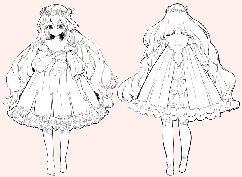 backless_dress backless_outfit bad_id bad_pixiv_id bare_back bare_shoulders character_sheet commentary dress flower jesus long_hair monochrome original otoko_no_ko sakiyo_cake very_long_hair wreath