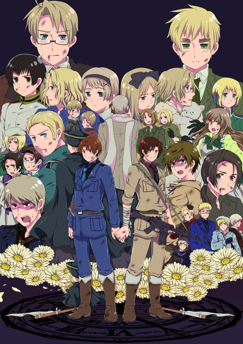 6+boys absurdres ahoge america_(hetalia) apron aqua_eyes austria_(hetalia) axis_powers_hetalia bandages bangs bear beard belarus_(hetalia) belt beret blonde_hair blue_eyes blunt_bangs blush bob_cut book bow bowtie brown_eyes brown_hair bruise buttons canada_(hetalia) cape cellphone chibi china_(hetalia) coat collarbone collared_shirt cravat cross crying crying_with_eyes_open denmark_(hetalia) dress ears empty_eyes estonia_(hetalia) everyone eyebrows facial_hair finland_(hetalia) flag flower france_(hetalia) germany_(hetalia) glasses gloves green_dress green_eyes grey_hair grey_skin gun hair_bow hair_flower hair_ornament hair_ribbon hairclip hat hetaoni highres holding holding_hands holy_roman_empire_(hetalia) hungary_(hetalia) iceland_(hetalia) injury japan_(hetalia) jewelry korea_(hetalia) kumajirou_(hetalia) latvia_(hetalia) liechtenstein_(hetalia) lithuania_(hetalia) long_hair looking_at_viewer looking_back machine_gun magic_circle military military_uniform multiple_boys multiple_girls necklace necktie northern_italy_(hetalia) norway_(hetalia) official_style open_mouth parody parted_bangs phone pocket poland_(hetalia) polar_bear prussia_(hetalia) puffy_sleeves purple_dress purple_hair red_eyes ribbon russia_(hetalia) sam_browne_belt scared scarf serious shirt short_hair short_ponytail shouting sidelocks silver_hair southern_italy_(hetalia) spain_(hetalia) style_parody sweat sweden_(hetalia) swept_bangs switzerland_(hetalia) tears teeth ukraine_(hetalia) uniform united_kingdom_(hetalia) weapon white_flag yellow_eyes