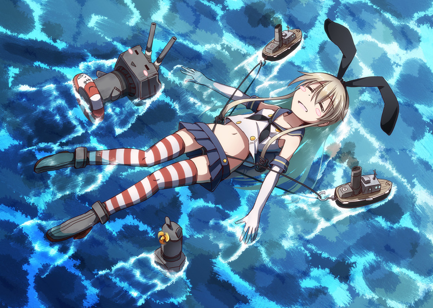 afloat black_panties blush_stickers boat boots brown_hair closed_eyes elbow_gloves gloves grey_footwear hairband kantai_collection lifebuoy long_hair midriff navel panties panty_lift rensouhou-chan shimakaze_(kantai_collection) skirt striped striped_legwear thighhighs tri underwear water watercraft wedgie white_gloves