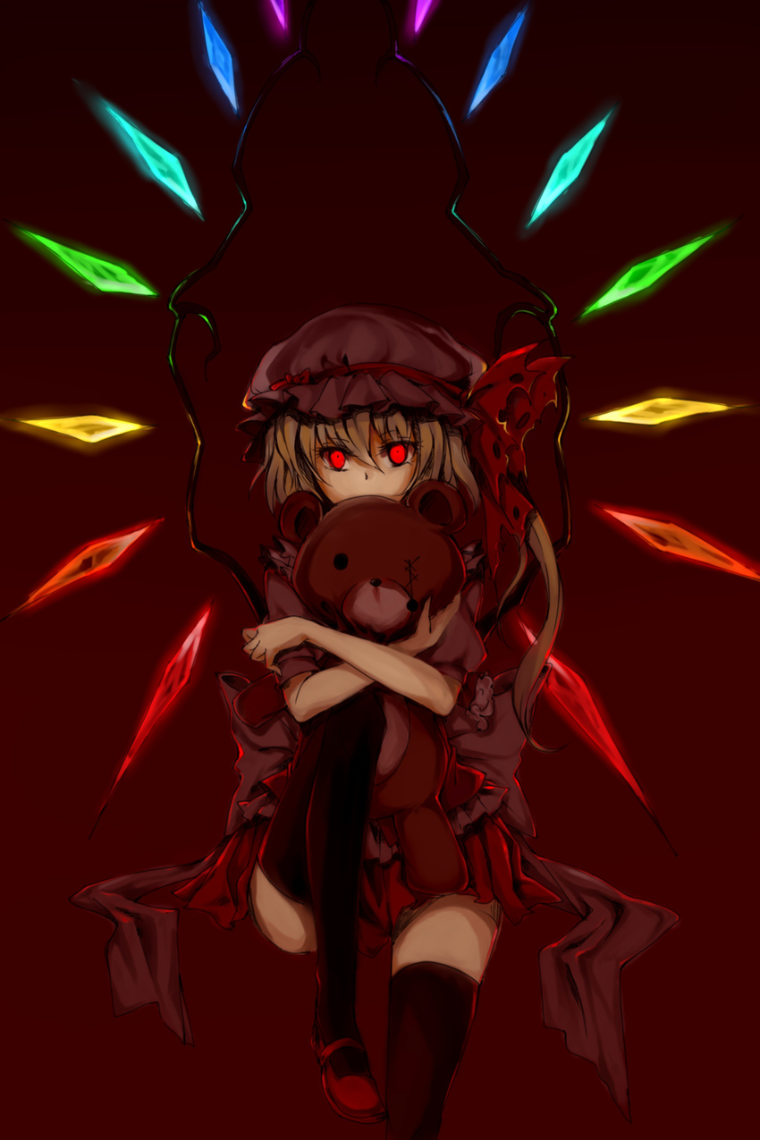 absurdres bad_id bad_pixiv_id blonde_hair damaged flandre_scarlet highres looking_at_viewer red red_background red_eyes short_hair simple_background stuffed_animal stuffed_toy suiky teddy_bear thighhighs torn_ribbon touhou toy wings zettai_ryouiki