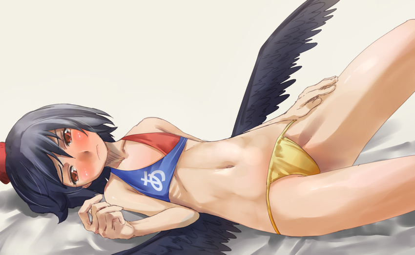 bare_shoulders black_hair blush clothes_writing embarrassed flat_chest hat looking_away navel red_eyes ribs shameimaru_aya short_hair solo swimsuit tokin_hat touhou wings yohane