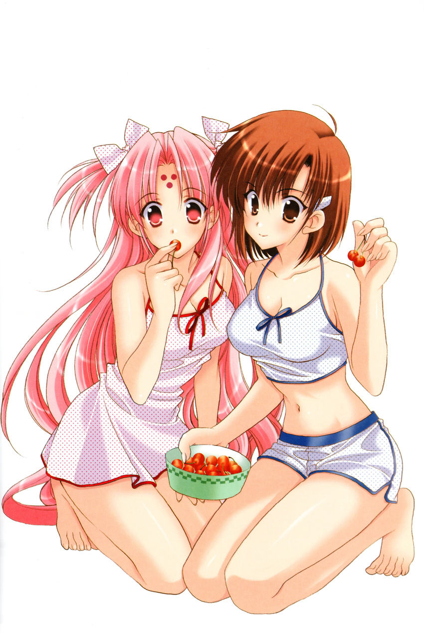 absurdres barefoot blouse blush bow breasts brown_eyes brown_hair cherry cleavage crop_top eating food fruit girls_bravo hair_bow halterneck highres kneeling kojima_kirie large_breasts legs mario_kaneda midriff miharu_sena_kanaka multiple_girls navel pink_hair red_eyes shiny shiny_skin shirt short_shorts shorts sleeveless sleeveless_shirt smile taut_clothes taut_shirt