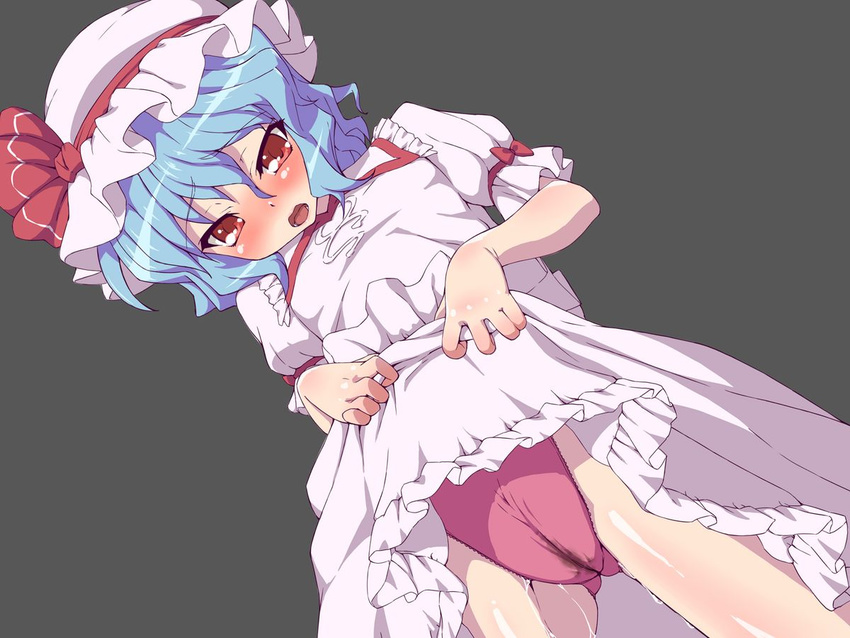 blue_hair cameltoe dress dress_lift grey_background hat mob_cap no_wings panties pink_dress puffy_short_sleeves puffy_sleeves pussy_juice red_eyes red_panties remilia_scarlet short_sleeves simple_background solo standing touhou uguisu_(happy_turn) underwear
