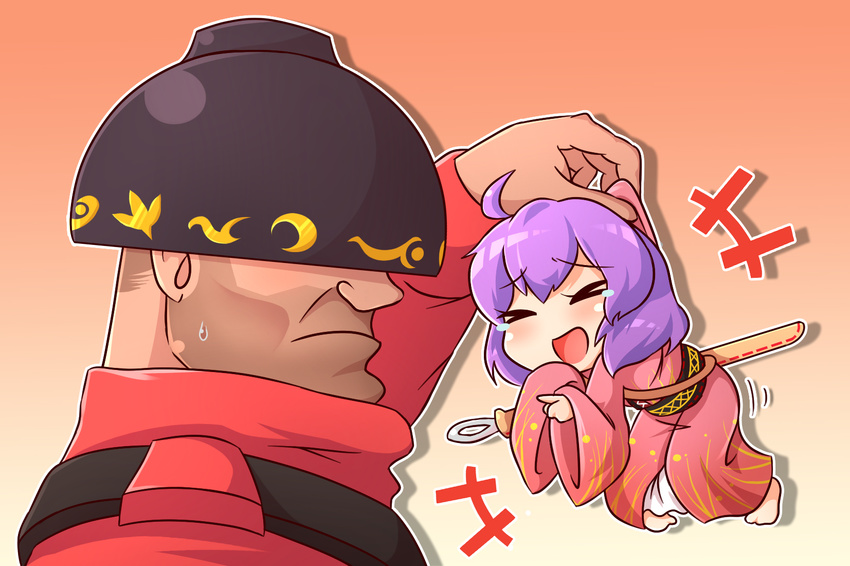 &gt;_&lt; 1boy 1girl ahoge barefoot bowl bowl_hat brown_hair closed_eyes commentary crossover frown gradient gradient_background hat highres japanese_clothes kimono laughing lifting_person minigirl needle obi open_mouth pointing purple_hair sash short_hair simple_background sukuna_shinmyoumaru sweatdrop team_fortress_2 tears the_soldier touhou wool_(miwol)