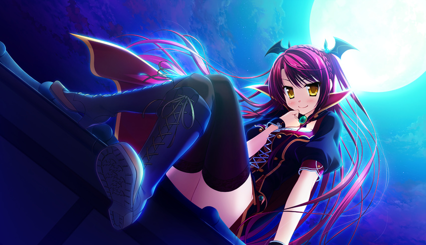 boots brooch cape cross-laced_footwear crossed_legs dress full_moon game_cg head_wings jewelry long_hair luce_yami_asutarite magical_marriage_lunatics!! moon night non-web_source outdoors red_hair sitting solo thighhighs yamakaze_ran yellow_eyes