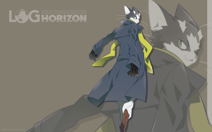 arm_at_side black_gloves boots brown_background brown_footwear cat closed_mouth copyright_name feet_out_of_frame from_behind furry gloves green_eyes hara_kazuhiro highres log_horizon long_coat looking_at_viewer looking_back male_focus nyanta_(log_horizon) outstretched_arm pants scarf smirk solo walking wallpaper white_pants yellow_scarf zoom_layer