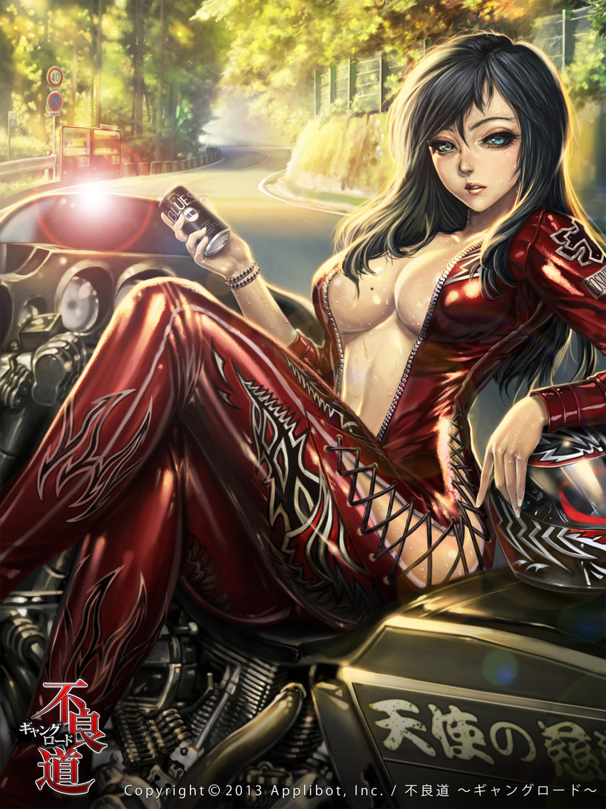 biker_clothes black_hair blue_eyes bodysuit bracelet breasts can cleavage copyright_name furyou_michi_~gang_road~ ground_vehicle headwear_removed helmet helmet_removed highres jewelry large_breasts lens_flare long_hair mole mole_on_breast motor_vehicle motorcycle road shiny shiny_skin sign solo sweat unzipped watermark xaxak