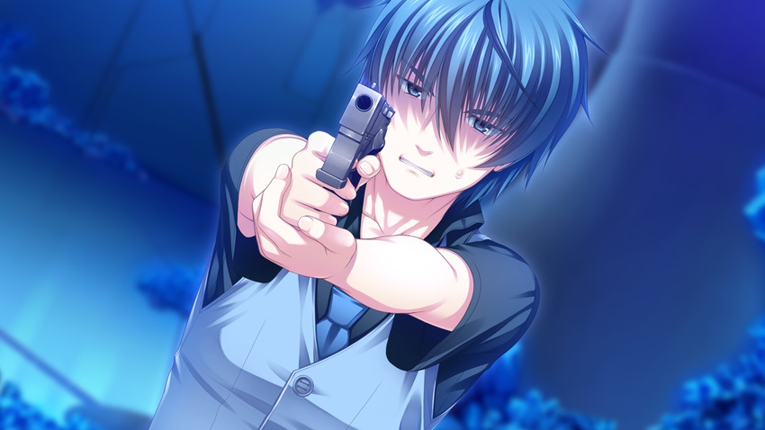 16:9 1boy asami_asami blue_eyes blue_hair game_cg gun re:birth_colony rindou_souji weapon