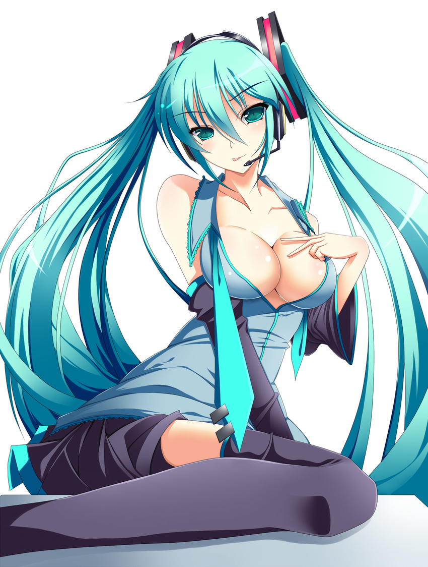 aqua_hair breasts cleavage hatsune_miku highres large_breasts long_hair rankiryuu simple_background solo thighhighs twintails vocaloid white_background