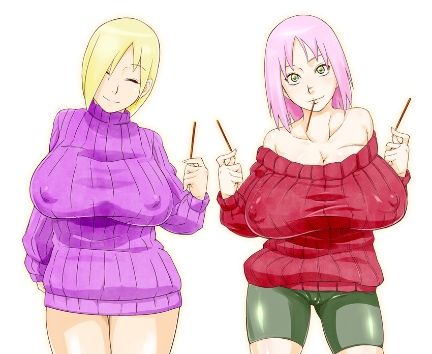 bangs bare_shoulders bike_shorts blonde_hair breasts covered_nipples erect_nipples eyes_closed female green_eyes haruno_sakura head_tilt highres holding huge_breasts long_sleeves looking_at_viewer multiple_girls naruto pink_hair ribbed_sweater shiny_clothes shorts simple_background smile sunahara_wataru sweater white_background yamanaka_ino