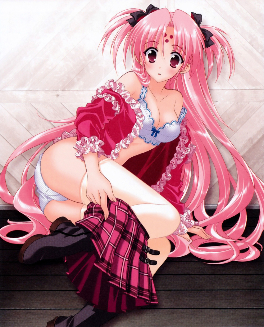 absurdres ass blouse bow bow_bra bra breasts cleavage facial_mark forehead_mark girls_bravo highres lingerie long_hair lying mario_kaneda medium_breasts miharu_sena_kanaka panties pantyshot pantyshot_(lying) pink_hair ribbon scan skirt skirt_pull solo surprised thighhighs two_side_up underwear undressing very_long_hair white_bra white_panties