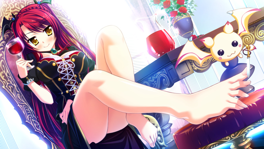 barefoot blush braid breasts cup dora drinking_glass dutch_angle feet feet_on_chair flower foreshortening game_cg gem head_wings jewelry large_breasts legs long_hair luce_yami_asutarite magical_marriage_lunatics!! non-web_source pedicure pendant pitcher red_hair rose sitting smile solo toenails toes wine_glass yamakaze_ran yellow_eyes