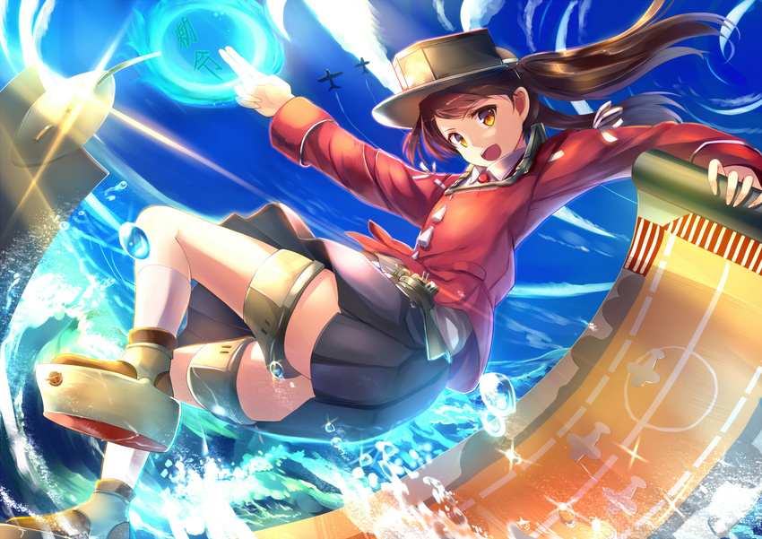 brown_eyes brown_hair hat japanese_clothes kantai_collection long_hair ryuujou_(kancolle) sakura_ani skirt socks twintails water