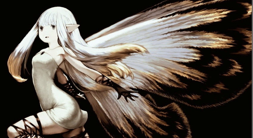 aerie_(bravely_default) arched_back bangs black_legwear blonde_hair blunt_bangs bravely_default:_flying_fairy bravely_default_(series) butterfly_wings cropped dress fairy gloves long_hair multicolored_hair no_nose pointy_ears smile solo strapless strapless_dress thighhighs white_dress white_hair wings yoshida_akihiko