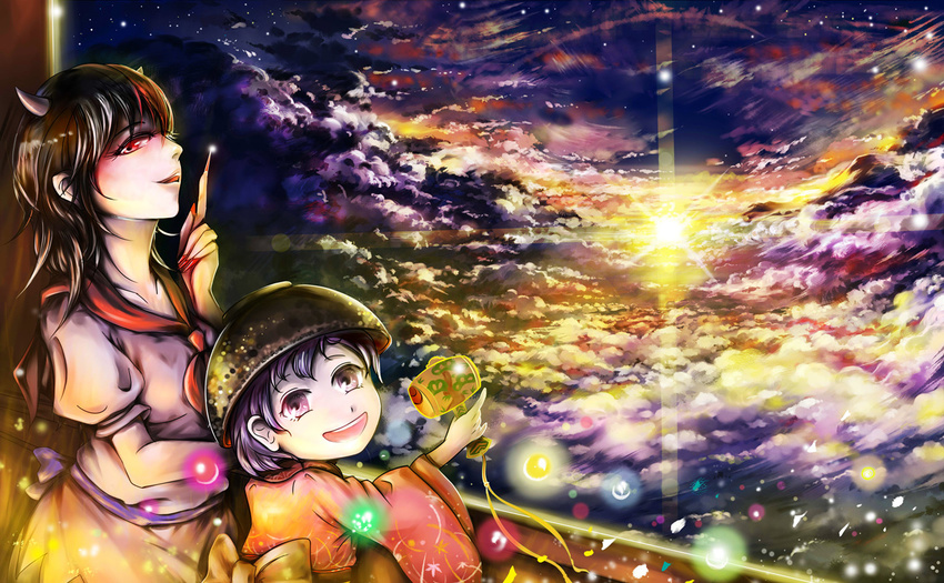 3_jiao_xian_er bow bowl cloud horns japanese_clothes kijin_seija kimono mallet multicolored_hair multiple_girls pointing pointing_up purple_hair red_eyes short_sleeves sky smile sukuna_shinmyoumaru sun sunset touhou