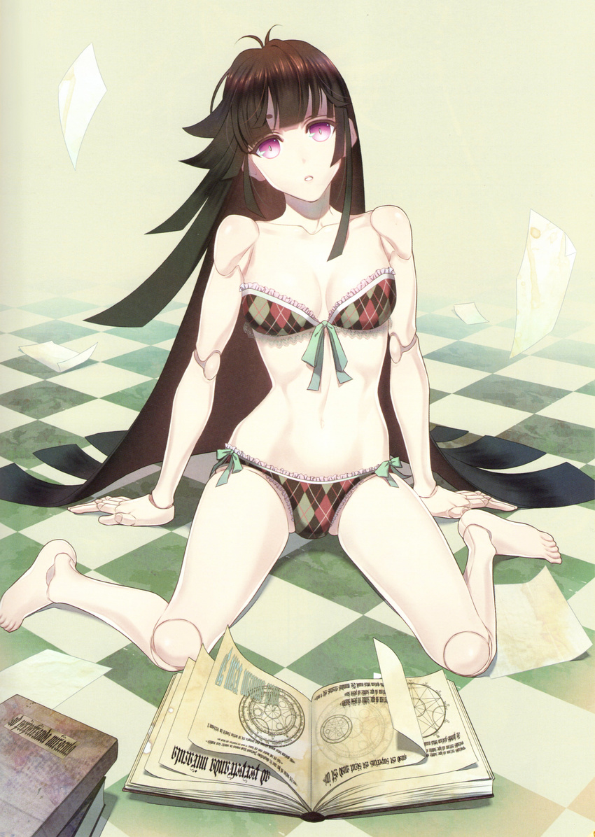 1girl absurdres argyle arm_support barefoot black_hair book bra character_request doll doll_joints fukahire_sanba genkai_tokki_monster_monpiece highres legs lingerie long_hair looking_at_viewer mannequin on_floor panties paper purple_eyes sitting solo toes underwear very_long_hair wariza