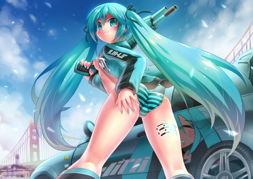 :3 aqua_eyes aqua_hair ass bad_id bad_pixiv_id blush breasts bridge cameltoe car cloud day emperpep from_behind from_below ground_vehicle gun hair_ribbon hand_on_ass hatsune_miku jacket kneehighs long_hair looking_back markings motor_vehicle nail_polish nipples open_clothes open_jacket over_shoulder panties raised_eyebrow ribbon shotgun signature sky small_breasts solo standing star striped striped_panties twintails underwear very_long_hair vocaloid weapon weapon_over_shoulder