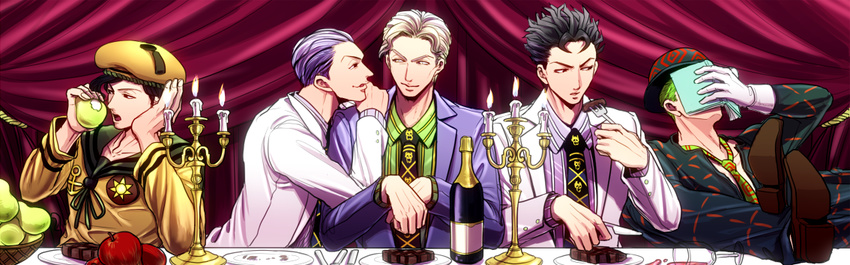 apple black_hair blonde_hair bowler_hat food formal fruit green_hair hat jojo_no_kimyou_na_bouken jojolion kawajiri_kousaku kira_yoshikage kira_yoshikage_(jojolion) multiple_boys multiple_persona necktie purple_hair sailor sailor_hat steak suit u_(lastcrime)