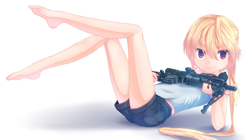 arm_support bare_legs barefoot blonde_hair dreadtie fang gun highres jessica_jefferson legs legs_up long_hair mcmillan_cs5 original ponytail red_eyes rifle shorts sniper_rifle solo very_long_hair weapon