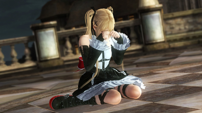 1girl 3d blonde_hair crying dead_or_alive dead_or_alive_5 dress female highres marie_rose official_art sitting solo tecmo twintails wariza