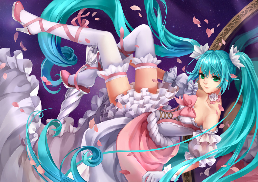 aqua_hair bad_id bad_pixiv_id choker corset dress gloves green_eyes hatsune_miku high_heels leg_ribbon long_hair monogo petals ribbon solo thighhighs twintails umbrella very_long_hair vocaloid