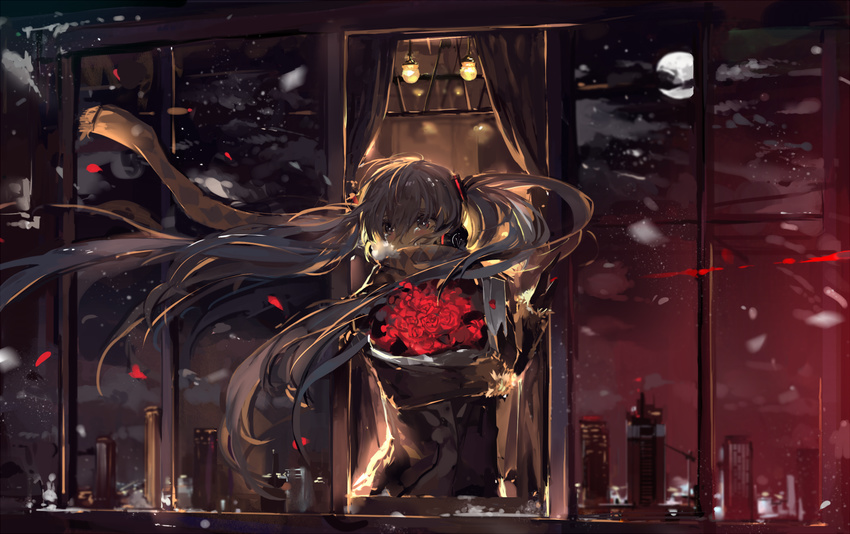 bouquet building cloud coat flower full_moon grey_eyes hatsune_miku headphones long_hair long_sleeves moon night object_hug petals red_flower red_rose reflection rose saberiii scarf silver_hair sky skyscraper snow solo tears twintails very_long_hair vocaloid wind