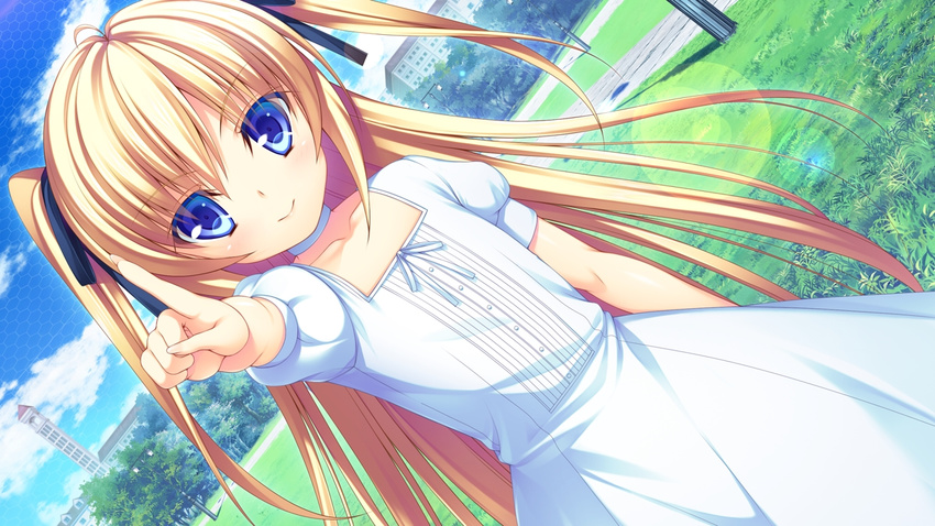 16:9 1girl asami_asami blonde_hair blue_eyes child collarbone dress game_cg hair_ribbon long_hair re:birth_colony ribbon serruria_celestite twintails