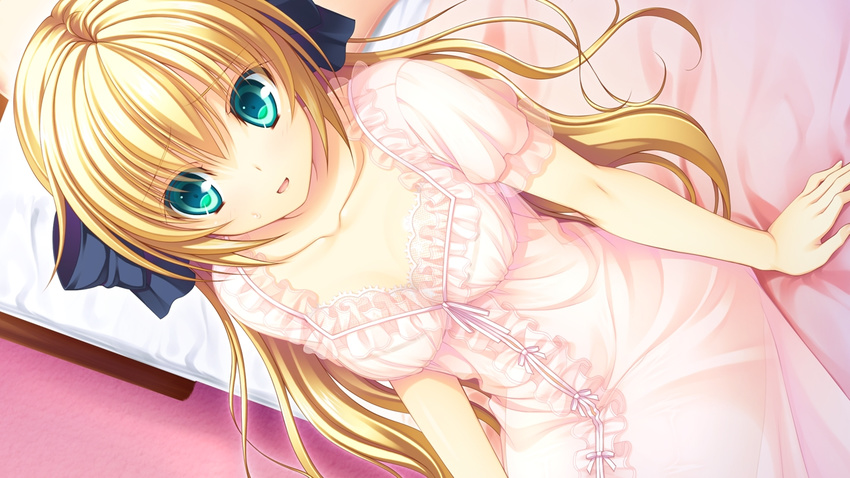 16:9 1girl asami_asami blonde_hair breasts collarbone dress game_cg green_eyes hair_ribbon long_hair no_bra no_panties re:birth_colony ribbon see-through serruria_celestite sitting solo