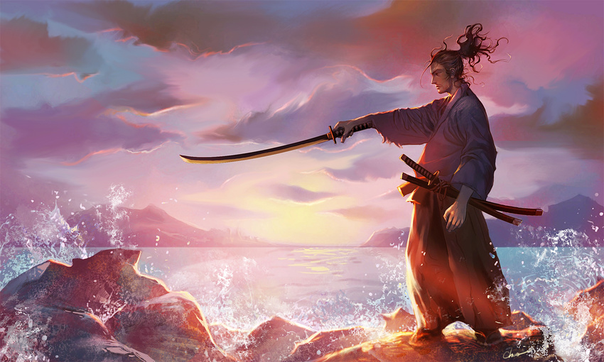 aiden(chi777666) beard cloud facial_hair holding holding_sword holding_weapon japanese_clothes katana long_hair long_skirt long_sleeves male_focus miyamoto_musashi ocean outdoors outstretched_arm ponytail red_skirt rock samurai scar signature skirt sky solo sunset sword vagabond water waves weapon