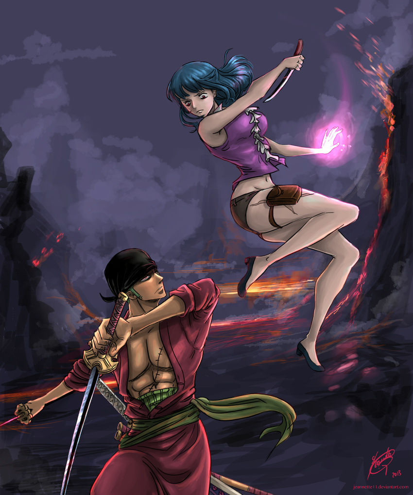 1girl 2013 abs absurdres bandana battle blue_hair breasts dual_wielding duel ein_(one_piece) green_hair high_heels highres holding jeannette11 katana knife large_breasts long_hair molten_rock navel one_piece one_piece_film_z pouch red_eyes roronoa_zoro sash scar sheath sheathed short_hair short_shorts shorts signature sword tantou watermark weapon web_address