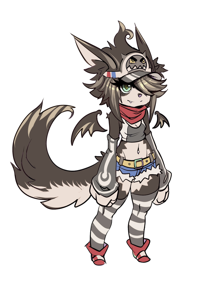 canine clothing fangs female fluffy_tail green_eyes headband jeans mammal maniacpaint pants shirt shoes sleeves solo tank_top torn_clothing torn_jeans torn_pants wings wolf