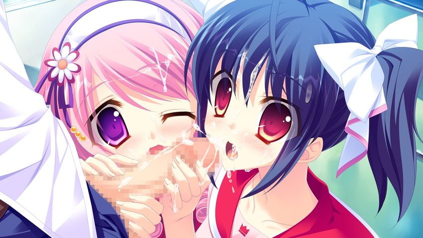 16:9 1boy 2girls blue_hair blush censored collarbone cum game_cg handjob hasegawa_yukino iinazuke_wa_imouto-sama! licking long_hair multiple_girls penis pink_hair purple_eyes red_eyes usami_haruka_(iinazuke_wa_imouto-sama!) usami_yuuna