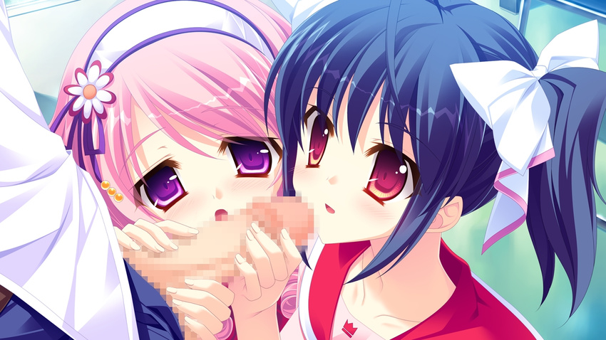 16:9 1boy 2girls blue_hair blush censored collarbone double_fellatio fellatio game_cg group_sex hasegawa_yukino iinazuke_wa_imouto-sama! long_hair multiple_fellatio multiple_girls oral penis pink_hair purple_eyes red_eyes sex teamwork usami_haruka_(iinazuke_wa_imouto-sama!) usami_yuuna