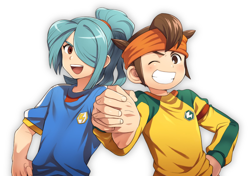 2boys blue_hair blush brown_eyes brown_hair endou_mamoru grin hair_over_one_eye headband holding_hands inazuma_eleven inazuma_eleven_(series) kazemaru_ichirouta long_hair male_focus multiple_boys one_eye_closed open_mouth ponytail red_eyes smile soccer_uniform sportswear