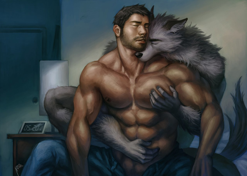 abs anthro beard bed bedroom biceps big_muscles black_hair black_nose canine clock clothing detailed duo eyes_closed facial_hair foreplay from_behind fur gay grey_fur gripping grope hair holding hug human interspecies jeans lamp love male mammal muscles nick300 nipples nude pants pec_grasp pecs pose romantic sitting spread_legs spreading teeth toned topless vein wolf