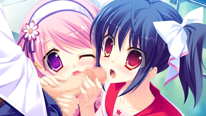 16:9 1boy 2girls blue_hair blush censored collarbone double_fellatio fellatio game_cg group_sex hasegawa_yukino iinazuke_wa_imouto-sama! long_hair multiple_fellatio multiple_girls oral penis pink_hair purple_eyes red_eyes sex teamwork usami_haruka_(iinazuke_wa_imouto-sama!) usami_yuuna