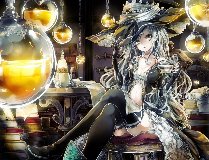 adjusting_clothes adjusting_hat bad_id bad_pixiv_id bare_shoulders book bra breasts chain cleavage collarbone crossed_legs cup fingerless_gloves gloves hat high_heels long_hair medium_breasts navel original scroll sitting solo teacup teapot thighhighs underwear white_hair witch witch_hat yellow_eyes yokiri